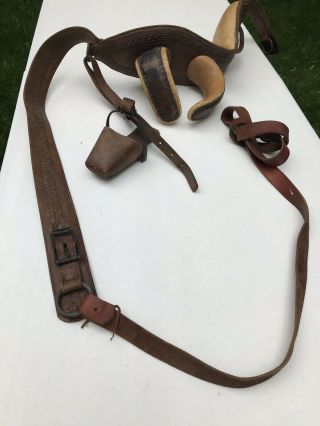 Side saddle parts rigged on antique padded surcingle with slipper shoe stirrup 7