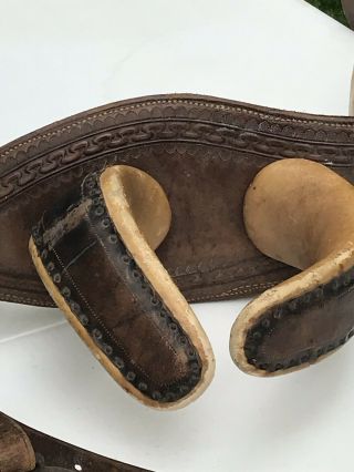 Side saddle parts rigged on antique padded surcingle with slipper shoe stirrup 8