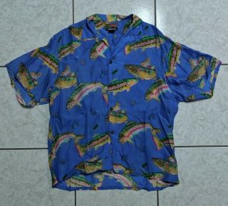 Vtg 90s Pataloha Multicolor All - Over Rainbow Trout Rayon Hawaiian Button Shirt M