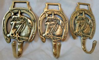 Vintage Trio Of Brass Horse Coat Hooks