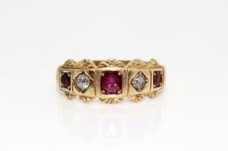 A Fine Antique Edwardian C1902 18ct Yellow Gold Ruby & Diamond Five Stone Ring
