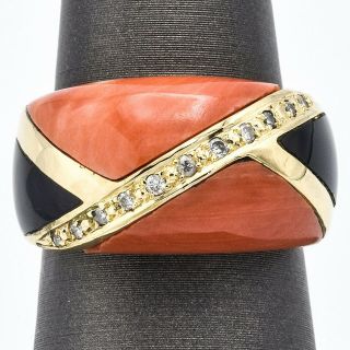 Vintage 18k Yellow Gold Red Coral,  Onyx & 0.  15 Tcw Diamond Ring 11.  0g H/i Si - 1