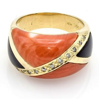 Vintage 18K Yellow Gold Red Coral,  Onyx & 0.  15 TCW Diamond Ring 11.  0g H/I SI - 1 2