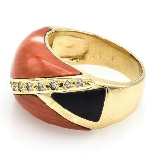 Vintage 18K Yellow Gold Red Coral,  Onyx & 0.  15 TCW Diamond Ring 11.  0g H/I SI - 1 3