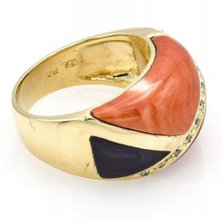 Vintage 18K Yellow Gold Red Coral,  Onyx & 0.  15 TCW Diamond Ring 11.  0g H/I SI - 1 5