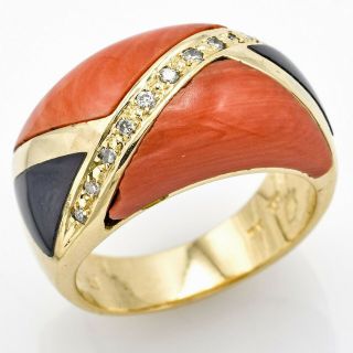 Vintage 18K Yellow Gold Red Coral,  Onyx & 0.  15 TCW Diamond Ring 11.  0g H/I SI - 1 6