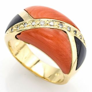 Vintage 18K Yellow Gold Red Coral,  Onyx & 0.  15 TCW Diamond Ring 11.  0g H/I SI - 1 7