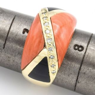 Vintage 18K Yellow Gold Red Coral,  Onyx & 0.  15 TCW Diamond Ring 11.  0g H/I SI - 1 8