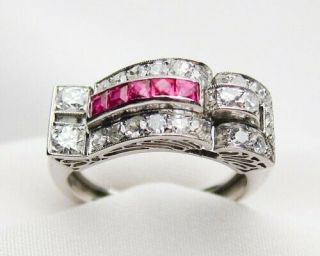 Cocktail Engagement Ring Vintage Art 1.  50ct Round Diamond Ruby In 14k White Gold