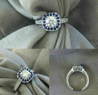 Engagement Ring Vintage Art Deco 2.  10 Ct Round Diamond Sapphire In14k White Gold
