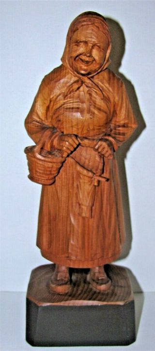 Norway Sweden Hand Carved Wood Figure Old Peasant Woman Signed 10 - 1/2”
