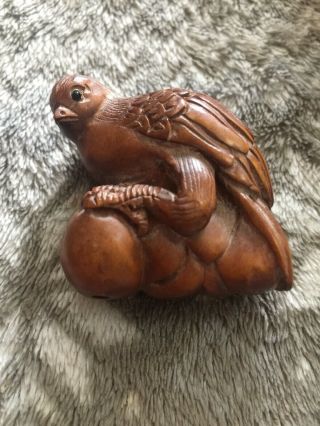 Rare Antique Signed Carved Bird Of Prey Wooden Netsuke