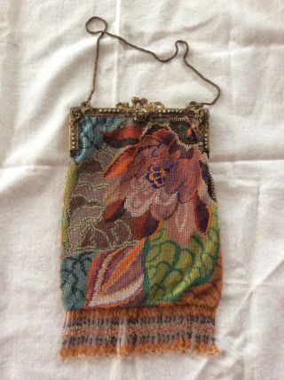 Antique Vintage Micro Beaded Purse Bag Art Deco Floral Jeweled Enameled Frame