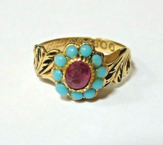 Antique Victorian 18ct Gold Ruby & Turquoise Mourning Memorial Ring 1864