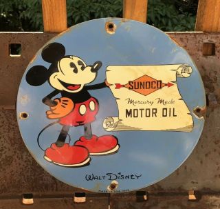 Vintage Sunoco Motor Oil Porcelain Sign,  Disney,  Mickey Mouse,  Gas,  Pump Plate