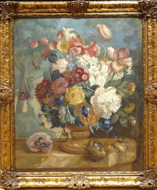 Fine Large 19th Century English Still Life Flowers Vase Antique Oil Painting