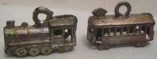 6 Old Lead Metallic Paint Train / Trolly Gumball Charms - Locomotive & Cars