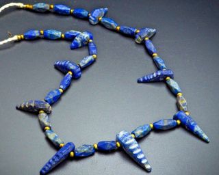 Ancient Extremely Old Bactrian Lapis Lazuli Unusual Crocodile Head Bead Strand