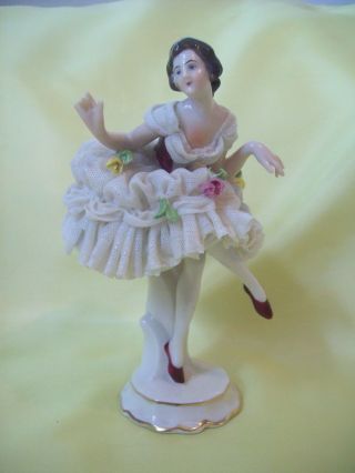 Volkstedt Ballerina Dancer Figurine Dresden Lace 5 - 1/2 " Germany Dainty Delicate
