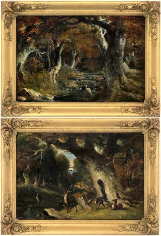 2 X Wooded Landscapes Antique Oil Paintings By Robert Trewick Bone (1790–1840)