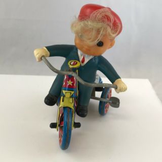 Mtu Tin Bicycle Toy Vintage Wind Up Bell Tricycle Little Boy Red Hat Blue Bike