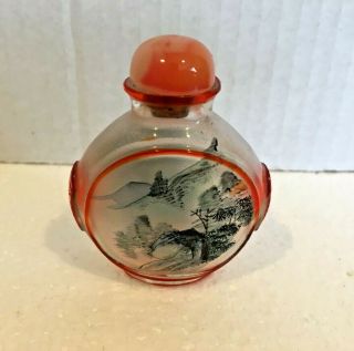 Chinese Overlaid Peeking Glass Snuff Bottle Reverse Painted Landscapes Antique