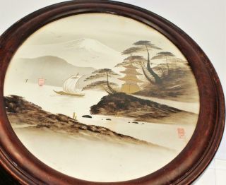 Large 19thc Japanese Meiji Oval Dark Wood Framed Gold Gilt Painting Kyosai Seal