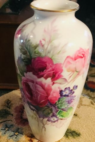 Noritake Nippon Toki Kaishi Hand Painted Rose Pink Signed Vase 9 " Tall Lovely