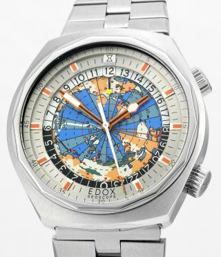 Vintage Edox Geoscope Dual Time Zone Gmt Auto Date Mens Wrist Watch