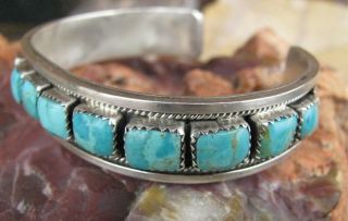 Vintage Sleeping Beauty Turquoise Row Bracelet Sterling Silver Navajo Pawn