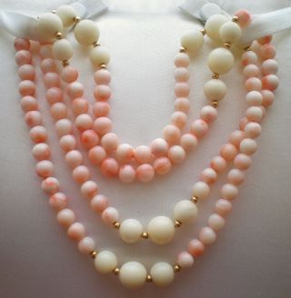 Gorgeous 14K Gold Pink Angel Skin White Coral Beads Beaded Necklace 33 