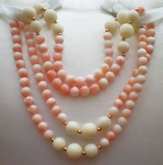 Gorgeous 14K Gold Pink Angel Skin White Coral Beads Beaded Necklace 33 