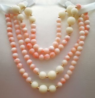 Gorgeous 14K Gold Pink Angel Skin White Coral Beads Beaded Necklace 33 