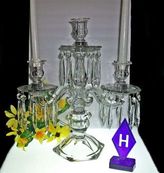 Vintage Heisey Old Williamsburg Crystal 3 Light Candelabra With Bobeches & Prism