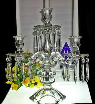 Vintage Heisey Old Williamsburg Crystal 3 Light Candelabra With Bobeches & Prism 2