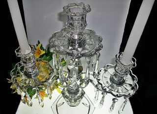 Vintage Heisey Old Williamsburg Crystal 3 Light Candelabra With Bobeches & Prism 8