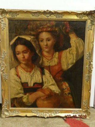 Antique Oil Painting On Canvas " Village Girls " Signed