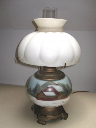 Vintage Gone With The Wind Snow / Barn Scene Hand Painted Electrified Oil Lamp