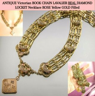 Antique Victorian Book Chain Lavalier Diamond Locket Necklace Rose Yellow Gold F