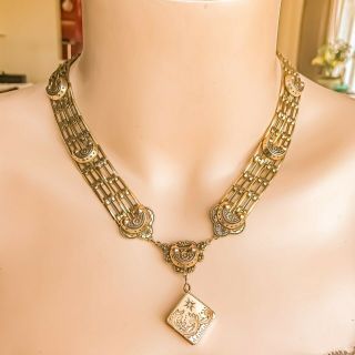 ANTIQUE Victorian BOOK CHAIN LAVALIER DIAMOND LOCKET Necklace ROSE Yellow GOLD F 2