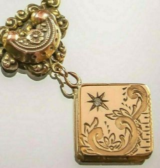 ANTIQUE Victorian BOOK CHAIN LAVALIER DIAMOND LOCKET Necklace ROSE Yellow GOLD F 4