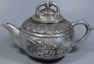 Collectable Souvenir Chinese Ancient Miao Silver Carve Child Ride Kylin Tea Pot