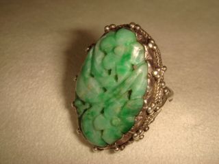 Vintage Chinese Export Sterling Silver Pierced Flowered Jadeite Jade Ring 6 1/2