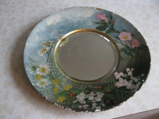 Antique Round Floral Oil Painting Dogwood Daisys Mirror In Center Primitive