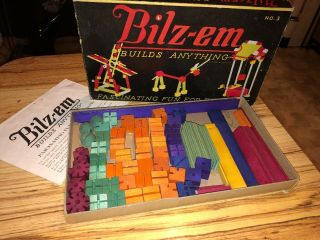 Bilz - Em Builds Anything No.  3 Vintage 1933 Boxed Wooden Colorful Piece Set,