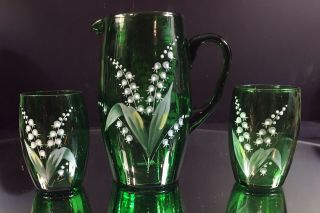 Victorian Water Set - - Art Glass - Hand - Painted Lily Of The Valley - Lovely - Buy It Now