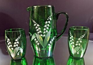 Victorian Water Set - - Art Glass - Hand - Painted Lily of the Valley - Lovely - BUY IT NOW 2
