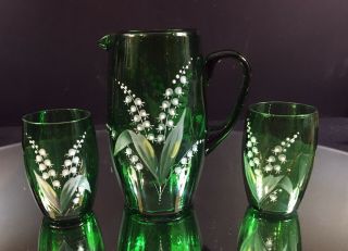 Victorian Water Set - - Art Glass - Hand - Painted Lily of the Valley - Lovely - BUY IT NOW 3
