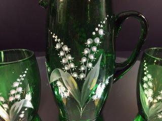 Victorian Water Set - - Art Glass - Hand - Painted Lily of the Valley - Lovely - BUY IT NOW 4