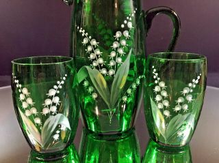 Victorian Water Set - - Art Glass - Hand - Painted Lily of the Valley - Lovely - BUY IT NOW 5